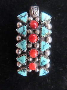Stones w/Silver Balls Native American Vintage Turquoise & Coral Pendant Set