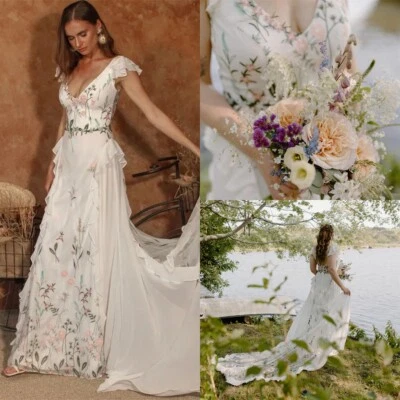 Elegant Chiffon Wedding Dresses V-Neck Cap Sleeves 3D Flowers A-Line Bridal Gown - Image 1 of 4