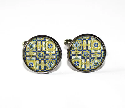 Portuguese azulejo vintage pattern Handmade Metal Round Glass Cufflinks Men Cuff - Image 1 of 3