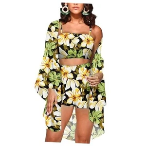 Women 3 Piece Vocation Outfits Summer Suit Floral Kimono Cardigans Beach - Picture 1 of 6