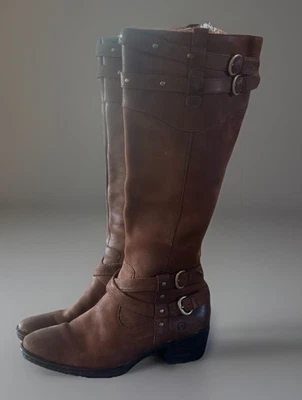 BORN Tall Brown LEATHER Boots DOUBLE-BUCKLE Western Riding Biker Women’s Size 9 - Image 1 of 4