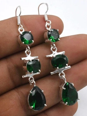 Orecchini Pendenti Etnici Fatti A Mano In Quarzo Verde Gioielli ER 221 - Immagine 1 di 3