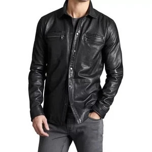Camisa de cuero de cordero real para hombre mangas completas de cuero negro con bolsillos con cremallera NUEVA - Imagen 1 de 7