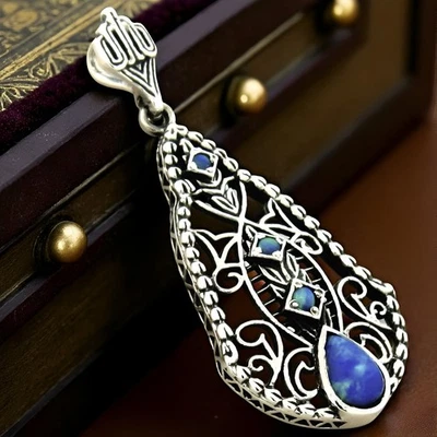 ANTIQUE STYLE 925 SOLID STERLING SILVER BLUE LAB-CREATED FIRE OPAL PENDANT  #433 - Image 1 of 2