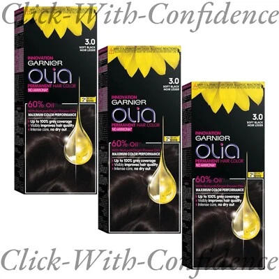 3 X Garnier Olia 3.0 Soft Black No Ammonia Hair color with 60% Oils