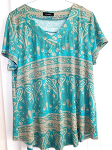 Camisa Top Vinmatto TEAL & BEIGE Floral Cuello en V Manga Corta ELASTIZADA Tejida 3XL - Imagen 1 de 4