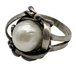 Vintage Modernist Brutalist Pearl Sterling Silver Ring Size 6.75 - Picture 1 of 8