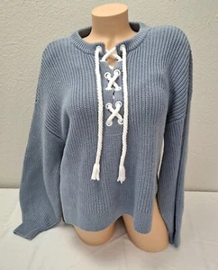 Michael Kors gerippter Supima grober blauer Schnürpullover Bluse Oberteil Small S - Bild 1 von 7