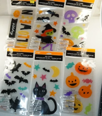 Lot of 6 Packages Halloween Gel Window Clings Cat Witches Bats Pumpkins Skulls - Image 1 of 4