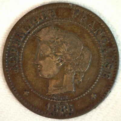 1886 A France Bronze 5 Centimes Coin Very Fine Circulated Laureate Head Wreath - Image 1 of 2