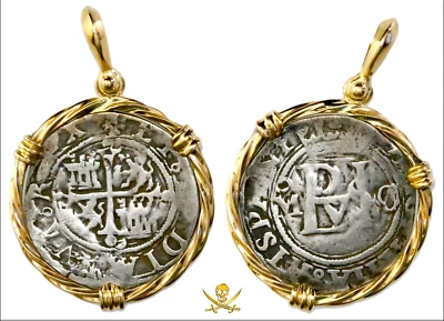 PENDANT JEWELRY MEXICO 1/2 REAL 14KT SHIPWRECK TREAUSRE PIRATE SILVER COINS - Image 1 of 4