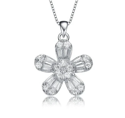 Sparkling Baguette & Round Cut Cubic Zirconia Flower Dangle Engagement Pendant - Image 1 of 4