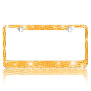 2X Rust Proof Metal Yellow Gold Crystal Bling License Plate Frame Universal Fit - Picture 1 of 4
