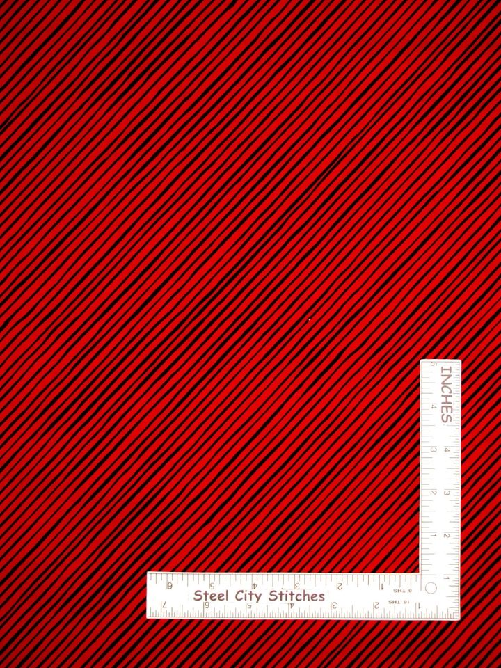Christmas Fabric Loralie Quirky Bias Stripe Black Red Diagonal Cotton By Yard - Image 1 of 1