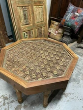 Vintage Coffee Table Brass Medallions Octagon Rustic Chai Cocktail Table