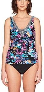 24th & Ocean Folkloric Frenzy Banded Tankini Top Only Multi Swim V Neck Floral - Picture 1 of 7