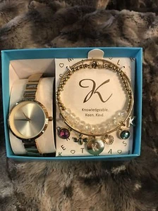 American Exchange Quartz Watch & Bracelet Set "K" Charms Gold Tone NIB - Picture 1 of 6