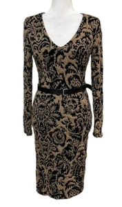 Tracy Reese Women's Sheath Dress Black Brown Paisley Size M Long Sleeve Belted - Picture 1 of 12