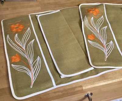 2 Sets De Table Lin Vert Brodés Pochette Avec Serviette Le Minor 1960  - Photo 1/4