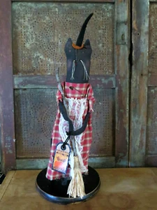 Grubby Primitive Halloween Black Witch Cat w Broom 18" Artist Made OOAK - Picture 1 of 10