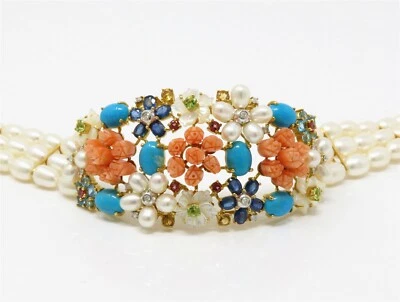 NYJEWEL 18k Gold Carved Coral Multi Gemstone Diamond Pearl Floral Bracelet 7.75" - Image 1 of 4