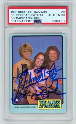 Daisy Bo Luke Duke SCHNEIDER WOPAT BACH Signed DUKES HAZZARD Card #9 + PSA Auto - Image 1 of 2