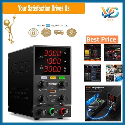 Compact 30V 10A DC Bench Power Supply with Fast 18W USB Charging & Safety Alarms - Image 1 of 4