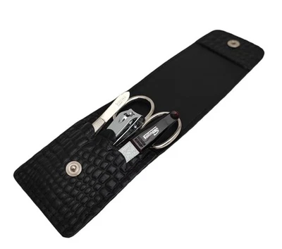 ELOMODA 4-teiliges Solingen* Maniküre Set mit Leder COCCO Etui, Nagelschere, Feile, Pinz