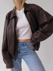 Women’s Fashion 90s Leather Jacket Oversized Brown Bomber Jacket 90’s Retro - Picture 1 of 6