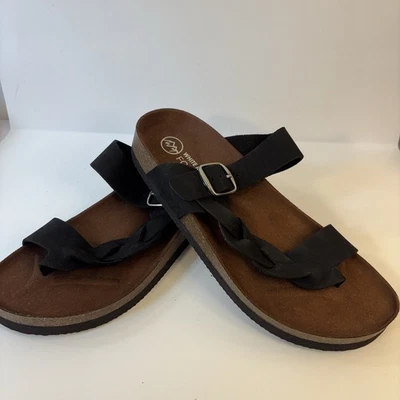 Sandalias de montaña blancas para mujer 7 Crawford negras de cuero trenzado con hebilla planas de corcho Foto 1 de 4