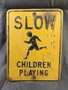 GROSSES Vintage langsames Kinder spielen städtisches Straßenschild Bergung geprägter Stahl - Bild 1 von 13
