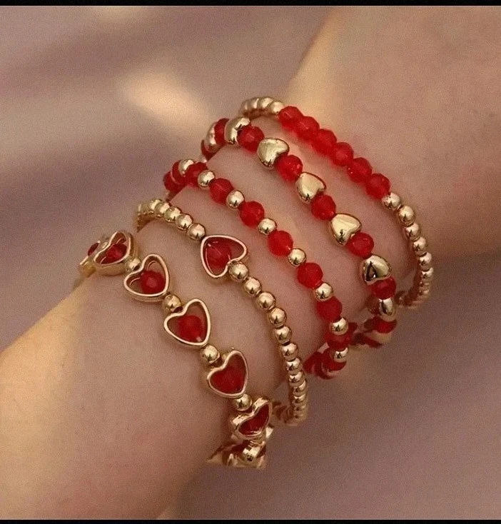 Perlen Armband Set 5tlg❤️ Boho Ibiza Style, rot - gold✨Perlenarmband✨ Trend 2025 - Bild 1 von 4