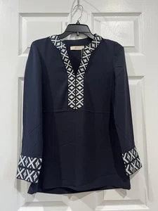 Tory Burch Tunika Top dunkelblau bestickt Langarm Oberteil Bluse Shirt Gr. 4 - Bild 1 von 12