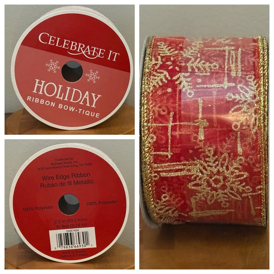 VTG Celebrate It Wired Christmas Ribbon Red  & Gold Glitter Snowflake 30ftx2.5in - Image 1 of 4