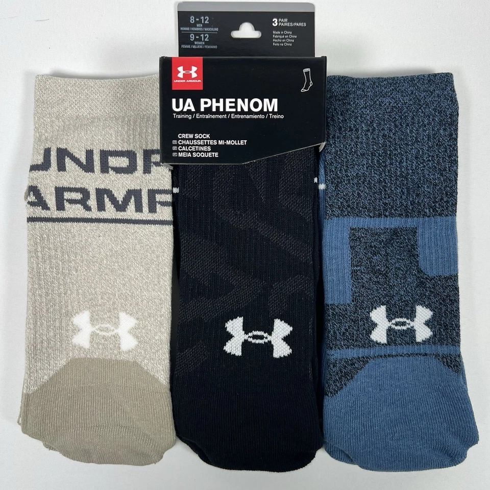 Calcetines Under Armour UA Phenom Training Crew (paquete de 3) para hombre 8-12 grandes azules NUEVO Foto 1 de 4