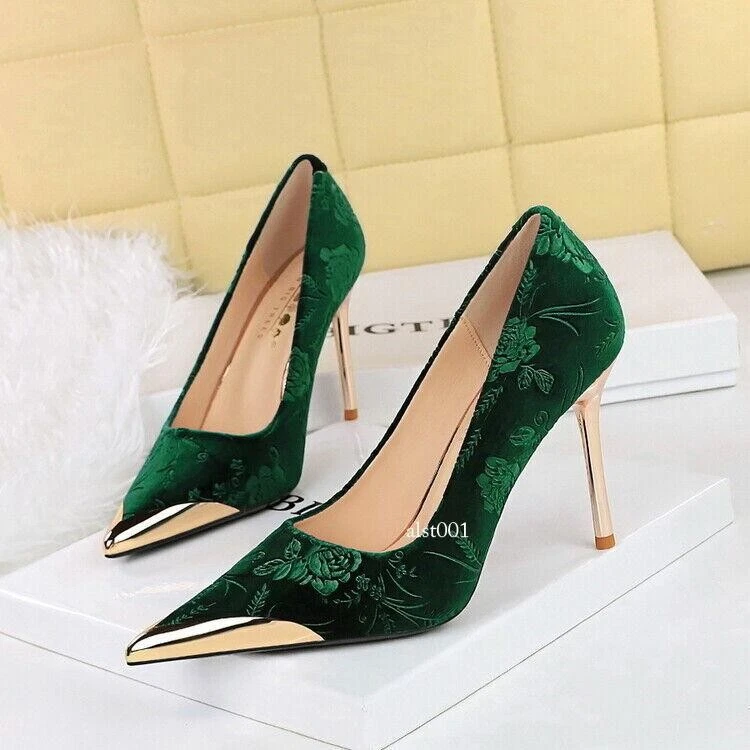 Womens Chic Pointy Toe Velvet Embossed Flower High Heel Pump Banquet Shoes - Image 1 of 1