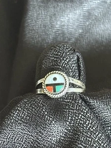 Vintage ZUNI Native American Sterling Silver Sun Face Ring Inlay Stones Sz 7.25 - Picture 1 of 7