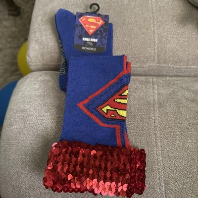 Superman Logo Knee High Socks w/ Red Sequin Trim NWT Women's Size 9-11 Boiword - Image 1 of 3