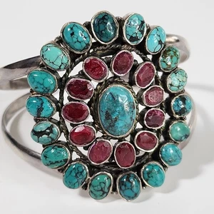 Vintage Sterling Silver Cluster SunBurst Turquoise & Ruby Cuff Bracelet - Picture 1 of 9