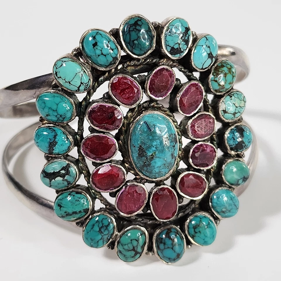 Vintage Sterling Silver Cluster SunBurst Turquoise & Ruby Cuff Bracelet - Image 1 of 4