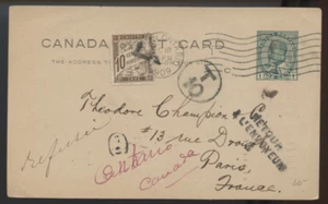 🍁 Franqueo adeudado 1 centavo Edward Stat postal T10 céntimos 1909 a FRANCIA Canadá - Imagen 1 de 2