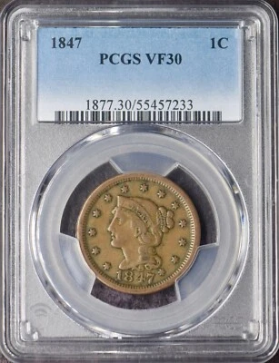 1847 Braided Hair Large Cent - PCGS VF30 - ✪COINGIANTS✪ - Image 1 of 2