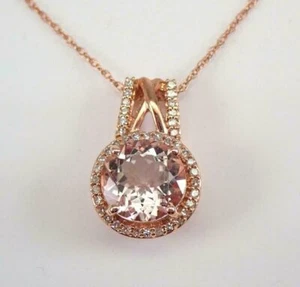 2Ct Round Cut Morganite Diamond Women Halo Pendant Necklace 14K Rose Gold Finish - Picture 1 of 5