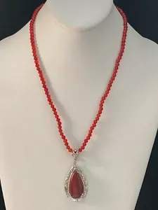 Platinum over Brass Red Jasper Pendant On 20" Red Quartzite bead Necklace 82 cts - Picture 1 of 11