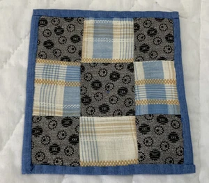 Vintage Patchwork Quilt Table Topper, Nine Patch, Calico Prints, Blue, Black - Picture 1 of 6