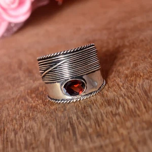 Faceted Garnet Gemstone 925 Sterling Silver Handwork Ring Anyone Gift Jewelry - Picture 1 of 9