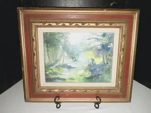 VTG Carved Wood Gold W/ Red~Linen Picture Frame 9 X 12 W/Watercolor #9600 Signed - Picture 1 of 9