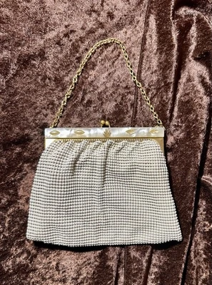 Vintage Art Deco Whiting & Davis Mother Of Pearl White Mesh Wristlet Bag W/Gold - Image 1 of 4