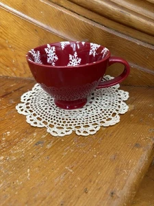 Primitives by Kathy  8 oz Stoneware Mug Red Background w/ White Snowflakes - Picture 1 of 6