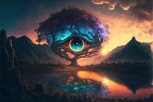 Impresión de póster de imagen de pared azul paisaje árbol ojo fantasía arte en lienzo - Imagen 1 de 22
